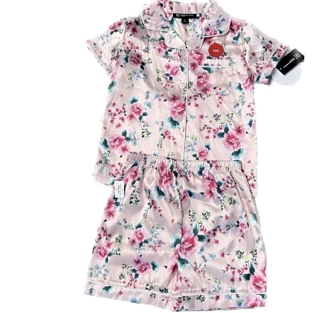 New INC Girl's Mommy & Me Satin Notched Collar Top & Shorts Pajamas Set 6